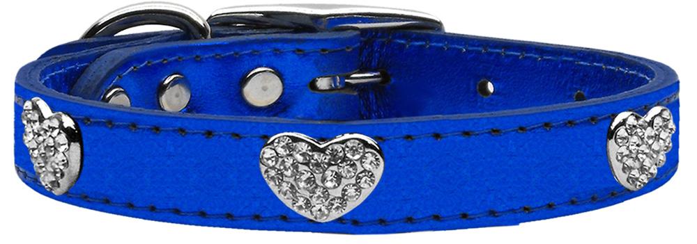 Crystal Heart Genuine Metallic Leather Dog Collar Blue 10