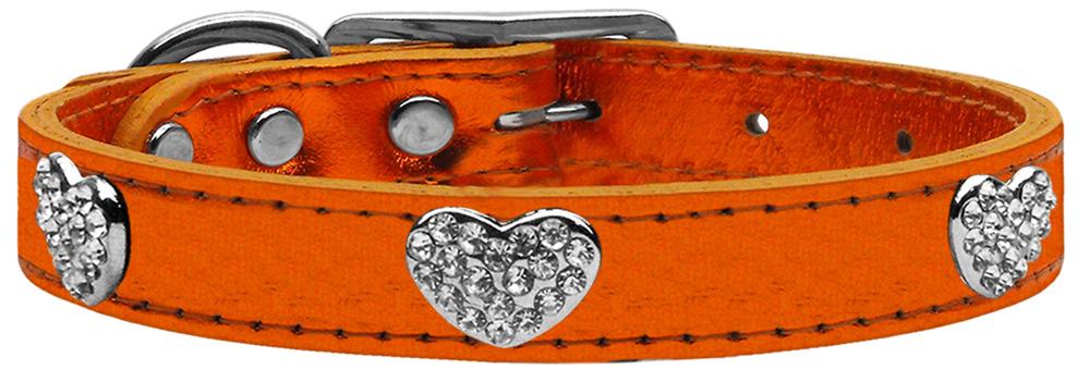 Crystal Heart Genuine Metallic Leather Dog Collar Orange 10