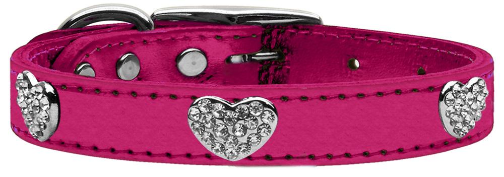 Crystal Heart Genuine Metallic Leather Dog Collar Pink 12