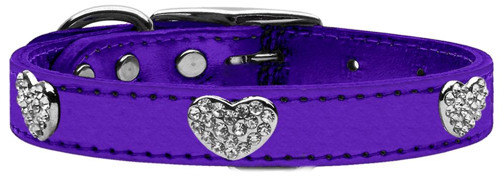 Crystal Heart Genuine Metallic Leather Dog Collar Purple 10