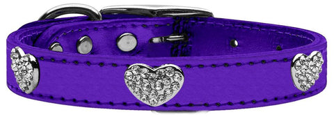 Crystal Heart Genuine Metallic Leather Dog Collar Purple 12