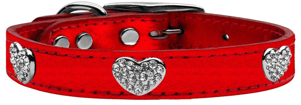 Crystal Heart Genuine Metallic Leather Dog Collar Red 10