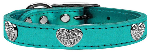 Crystal Heart Genuine Metallic Leather Dog Collar Turquoise 10