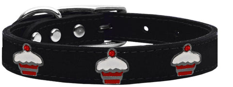 Red Cupcake Widget Genuine Leather Dog Collar Black 10