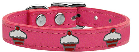 Red Cupcake Widget Genuine Leather Dog Collar Pink 10