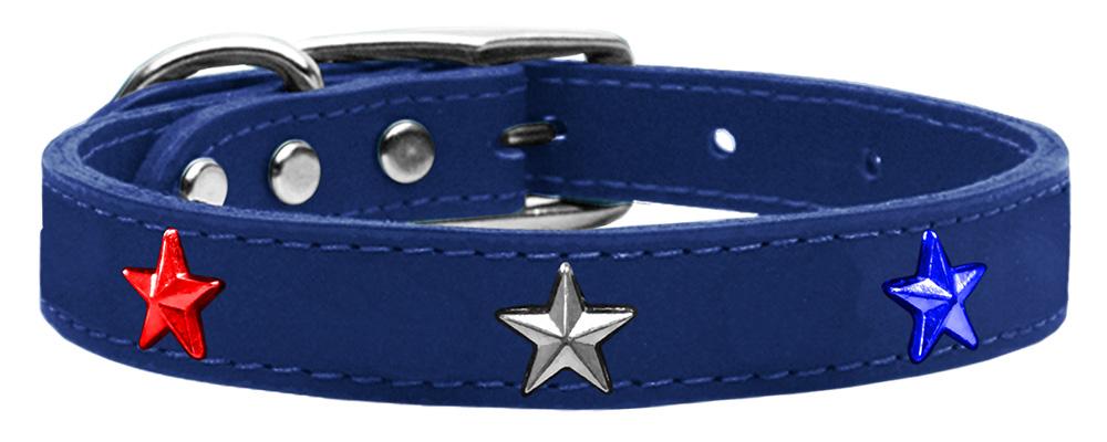 Red, White And Blue Star Widget Genuine Leather Dog Collar Blue 12