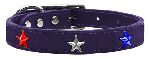 Red, White And Blue Star Widget Genuine Leather Dog Collar Purple 10