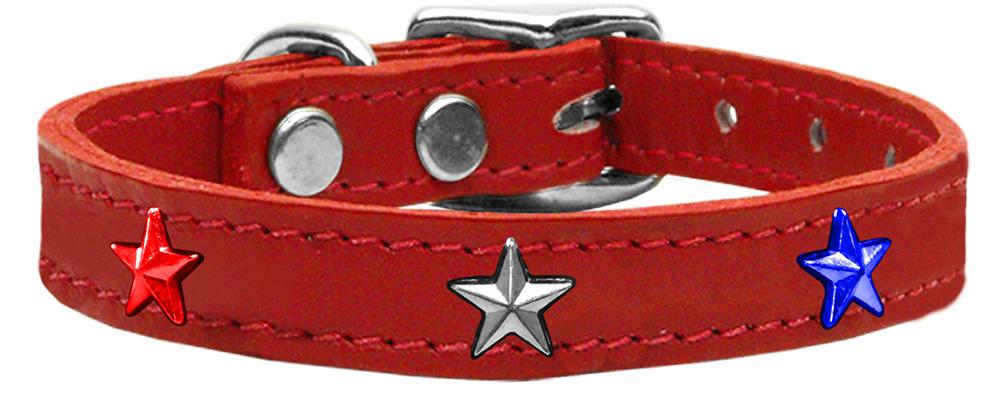 Red, White And Blue Star Widget Genuine Leather Dog Collar Red 10