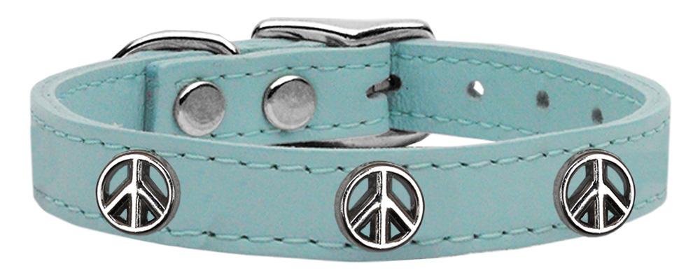 Peace Sign Widget Genuine Leather Dog Collar Baby Blue 10