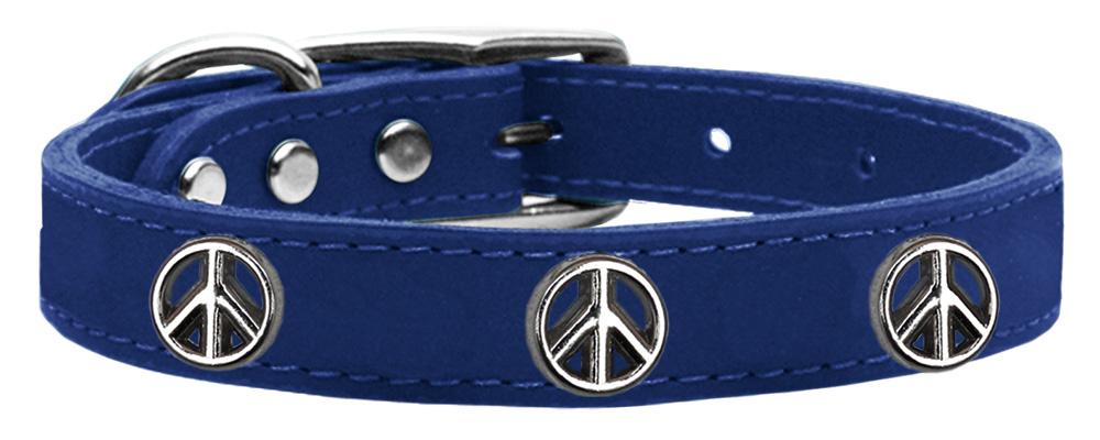 Peace Sign Widget Genuine Leather Dog Collar Blue 12