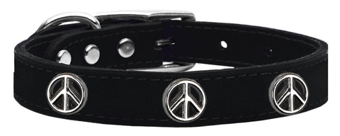 Peace Sign Widget Genuine Leather Dog Collar Black 14