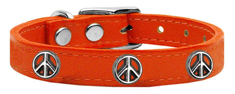 Peace Sign Widget Genuine Leather Dog Collar Orange 12