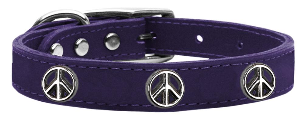 Peace Sign Widget Genuine Leather Dog Collar Purple 18