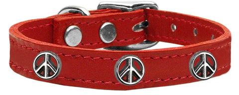 Peace Sign Widget Genuine Leather Dog Collar Red 10