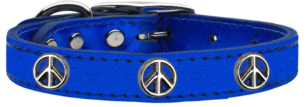 Peace Sign Widget Genuine Metallic Leather Dog Collar Blue 10