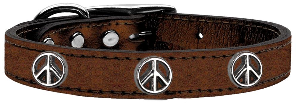 Peace Sign Widget Genuine Metallic Leather Dog Collar Bronze 10