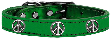 Peace Sign Widget Genuine Metallic Leather Dog Collar Emerald Green 12