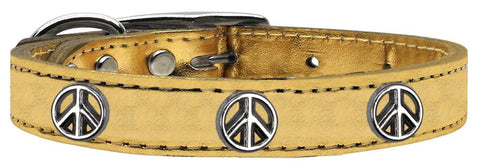 Peace Sign Widget Genuine Metallic Leather Dog Collar Gold 10