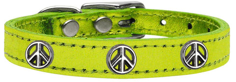 Peace Sign Widget Genuine Metallic Leather Dog Collar Lime Green 10