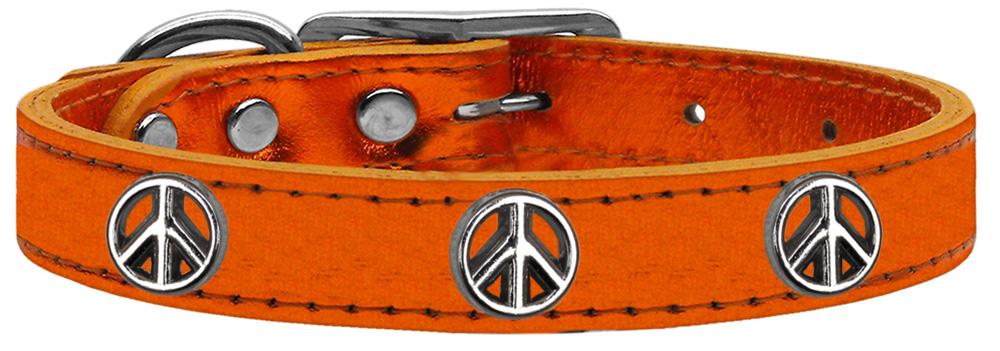 Peace Sign Widget Genuine Metallic Leather Dog Collar Orange 10