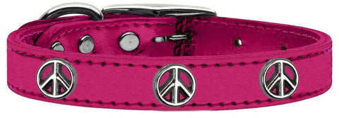 Peace Sign Widget Genuine Metallic Leather Dog Collar Pink 10