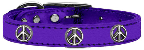 Peace Sign Widget Genuine Metallic Leather Dog Collar Purple 10