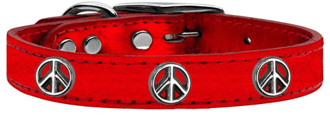 Peace Sign Widget Genuine Metallic Leather Dog Collar Red 12