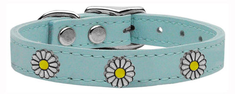 White Daisy Widget Genuine Leather Dog Collar Baby Blue 10