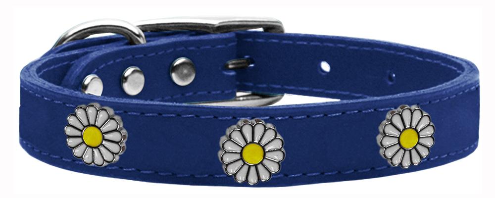 White Daisy Widget Genuine Leather Dog Collar Blue 10