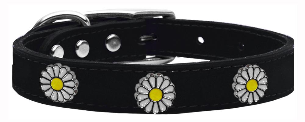 White Daisy Widget Genuine Leather Dog Collar Black 10