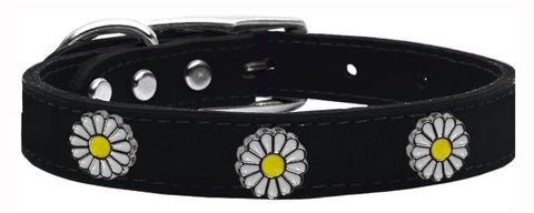 White Daisy Widget Genuine Leather Dog Collar Black 14