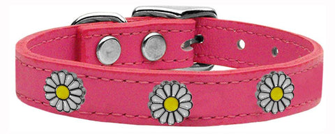 White Daisy Widget Genuine Leather Dog Collar Pink 10