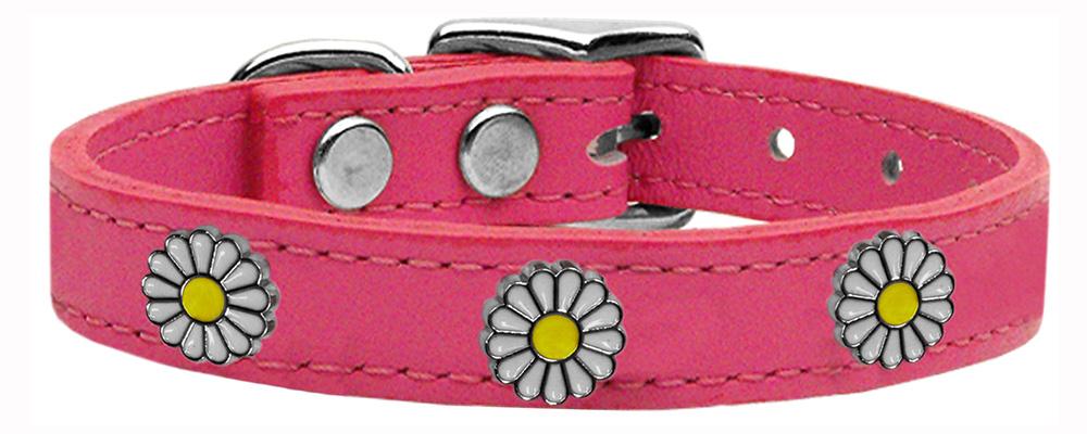 White Daisy Widget Genuine Leather Dog Collar Pink 18