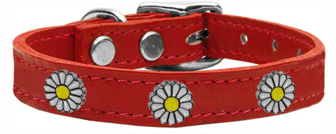 White Daisy Widget Genuine Leather Dog Collar Red 10