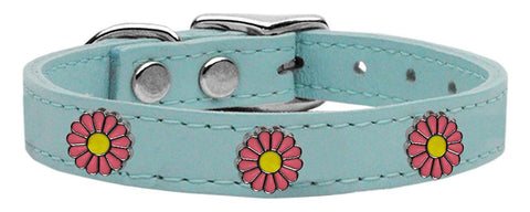 Pink Daisy Widget Genuine Leather Dog Collar Baby Blue 10