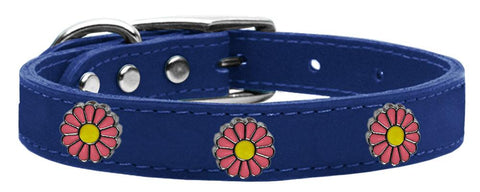 Pink Daisy Widget Genuine Leather Dog Collar Blue 14