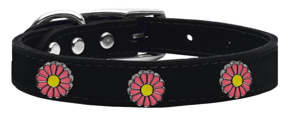 Pink Daisy Widget Genuine Leather Dog Collar Black 10