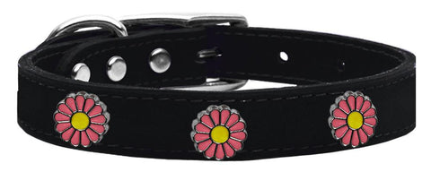 Pink Daisy Widget Genuine Leather Dog Collar Black 14