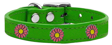 Pink Daisy Widget Genuine Leather Dog Collar Emerald Green 10