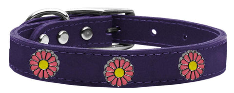 Pink Daisy Widget Genuine Leather Dog Collar Purple 10