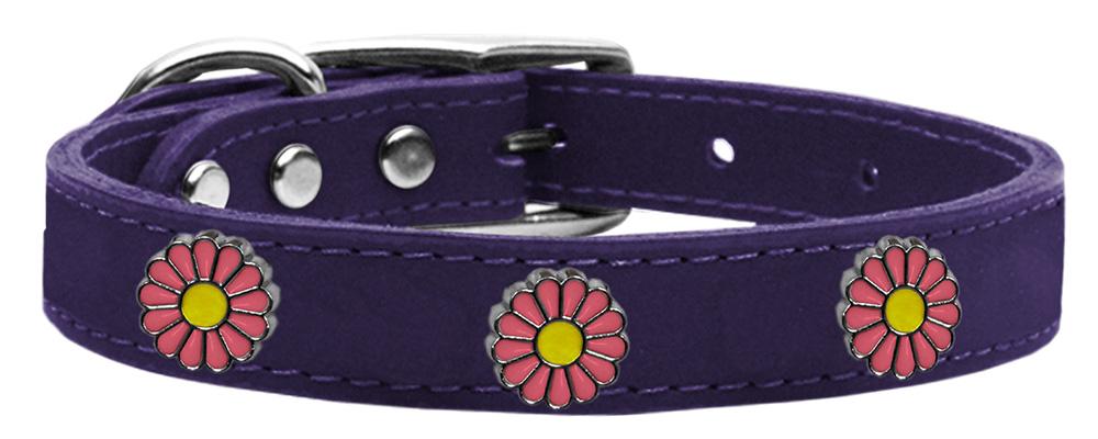 Pink Daisy Widget Genuine Leather Dog Collar Purple 16