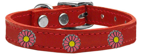 Pink Daisy Widget Genuine Leather Dog Collar Red 10