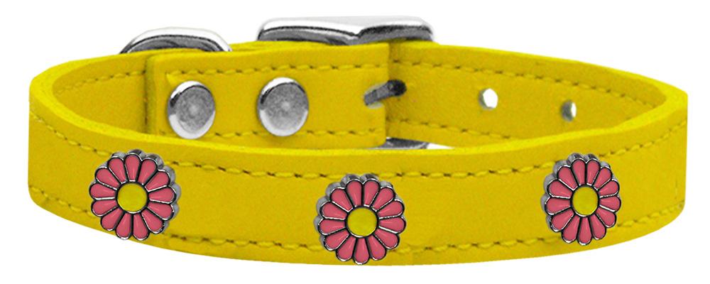 Pink Daisy Widget Genuine Leather Dog Collar Yellow 10