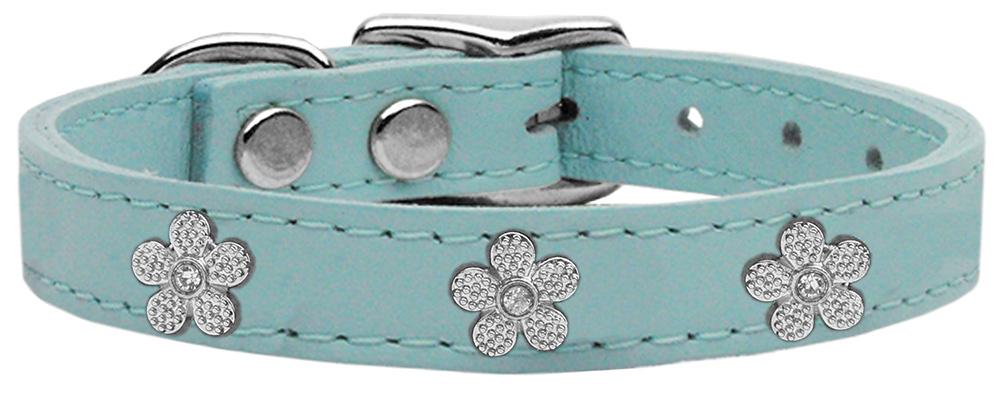 Silver Flower Widget Genuine Leather Dog Collar Baby Blue 12