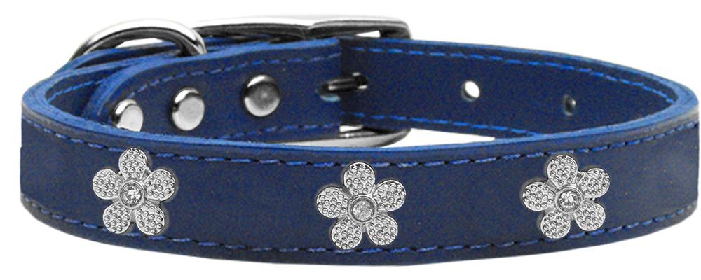 Silver Flower Widget Genuine Leather Dog Collar Blue 10