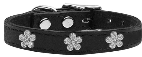 Silver Flower Widget Genuine Leather Dog Collar Black 10