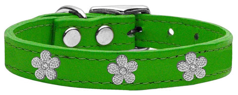 Silver Flower Widget Genuine Leather Dog Collar Emerald Green 10