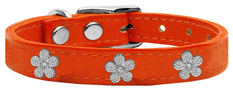 Silver Flower Widget Genuine Leather Dog Collar Orange 10