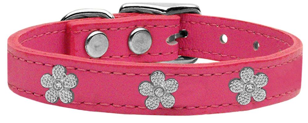 Silver Flower Widget Genuine Leather Dog Collar Pink 10