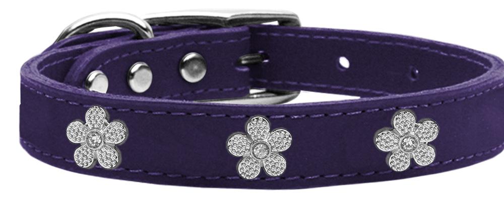 Silver Flower Widget Genuine Leather Dog Collar Purple 16